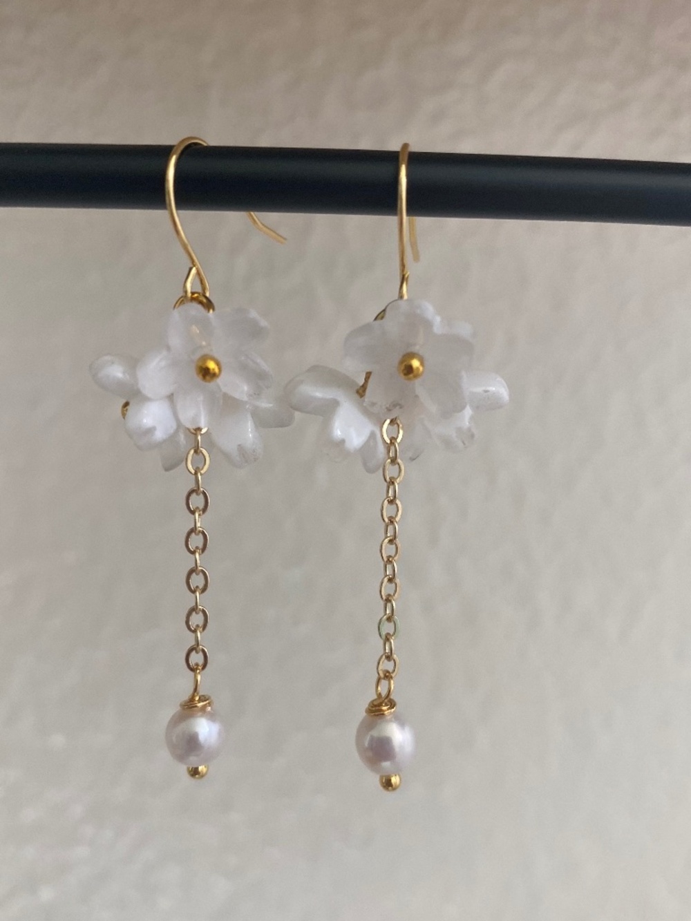 Handmade Cherry Blossom Chain Earrings with Freshwater Pearl